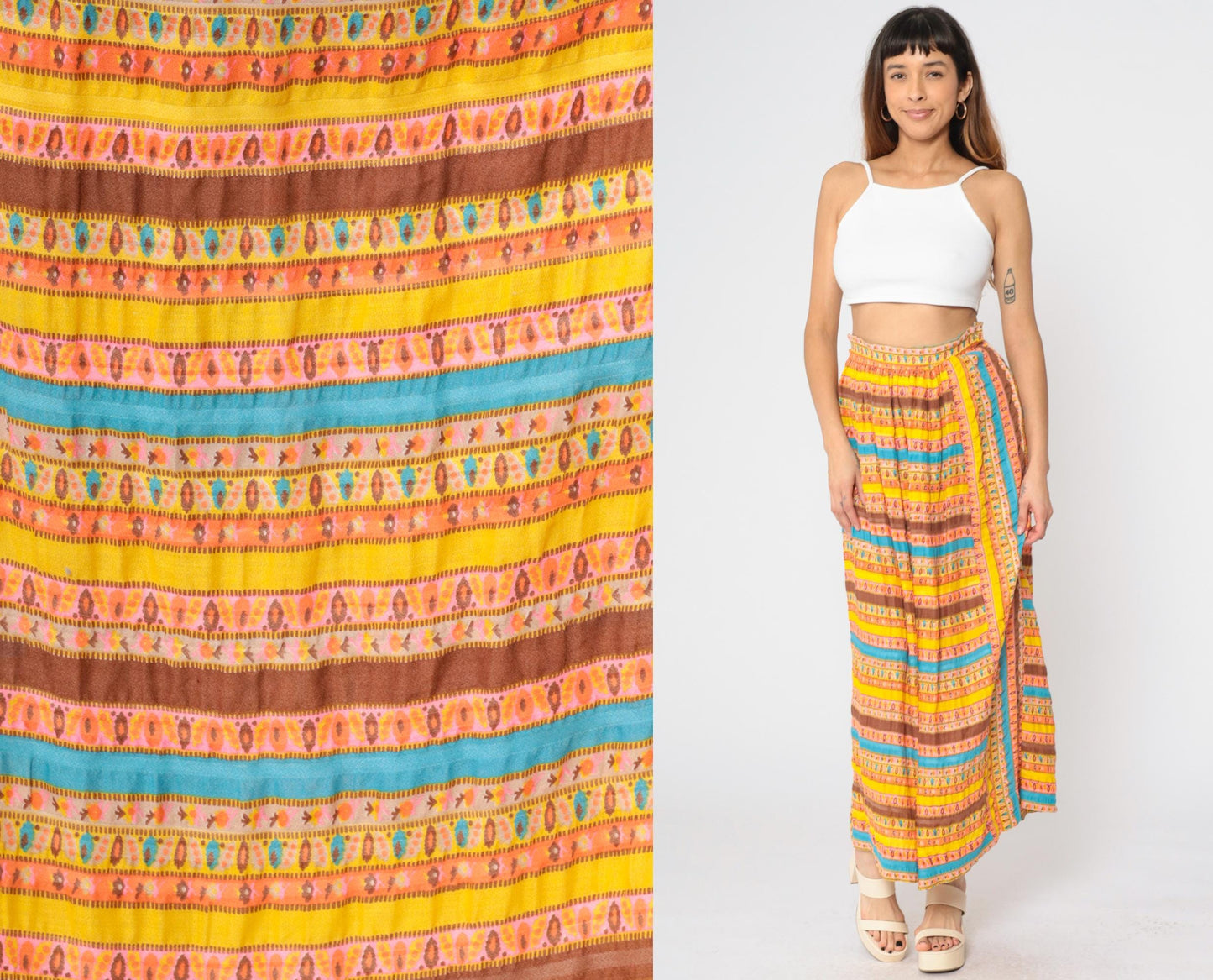 70s Lady Arrow Striped Maxi Skirt High Waist Floral Abstract Print Medium