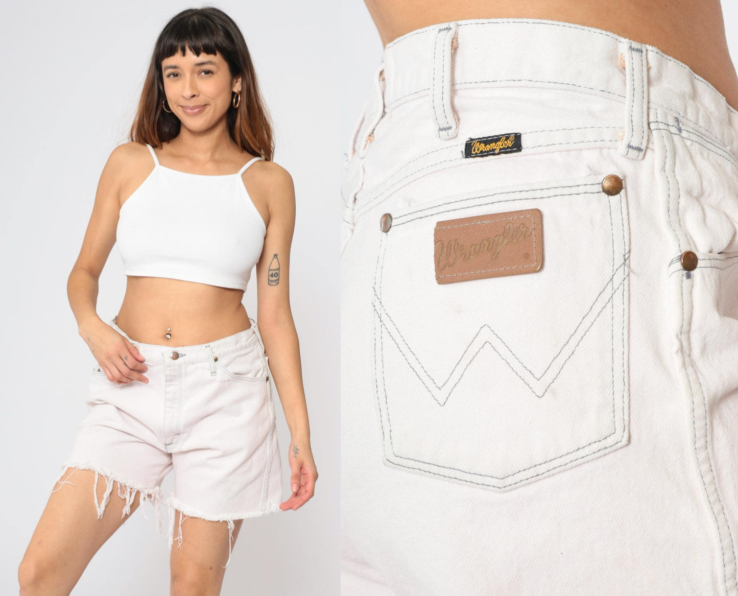 80s Wrangler White Denim Cut-Off Shorts High Waist Raw Hem Men's 34x36