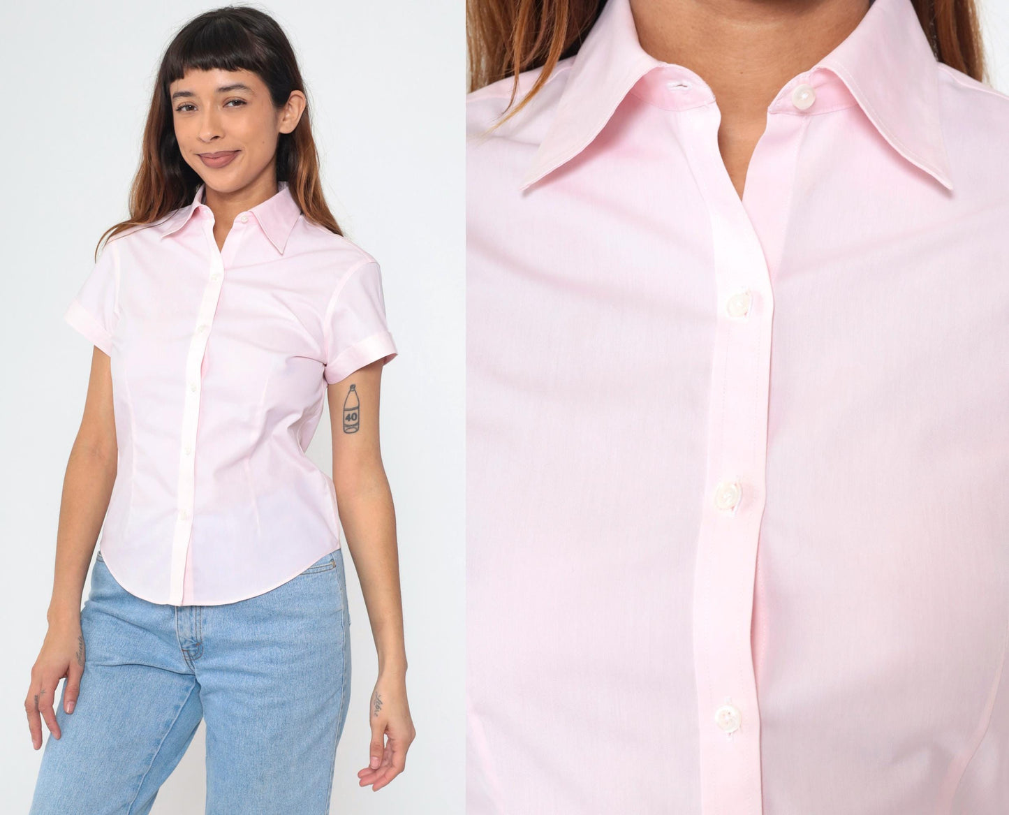 90s Brooks Brothers Baby Pink Cotton Button-Up Blouse Short Sleeve Petite 2P