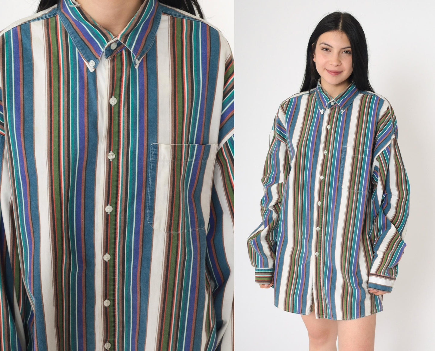 90s Bon Homme Multicolor Striped Cotton Button-Up Shirt Long Sleeve Extra Large XL