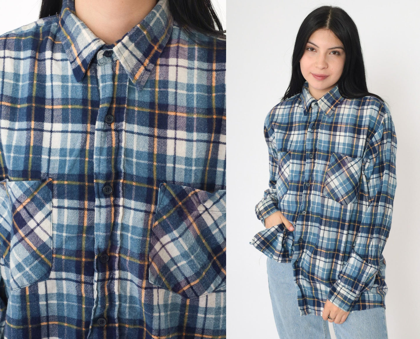 90s Ozark Trail Blue Plaid Flannel Shirt Cotton Button-Up Medium