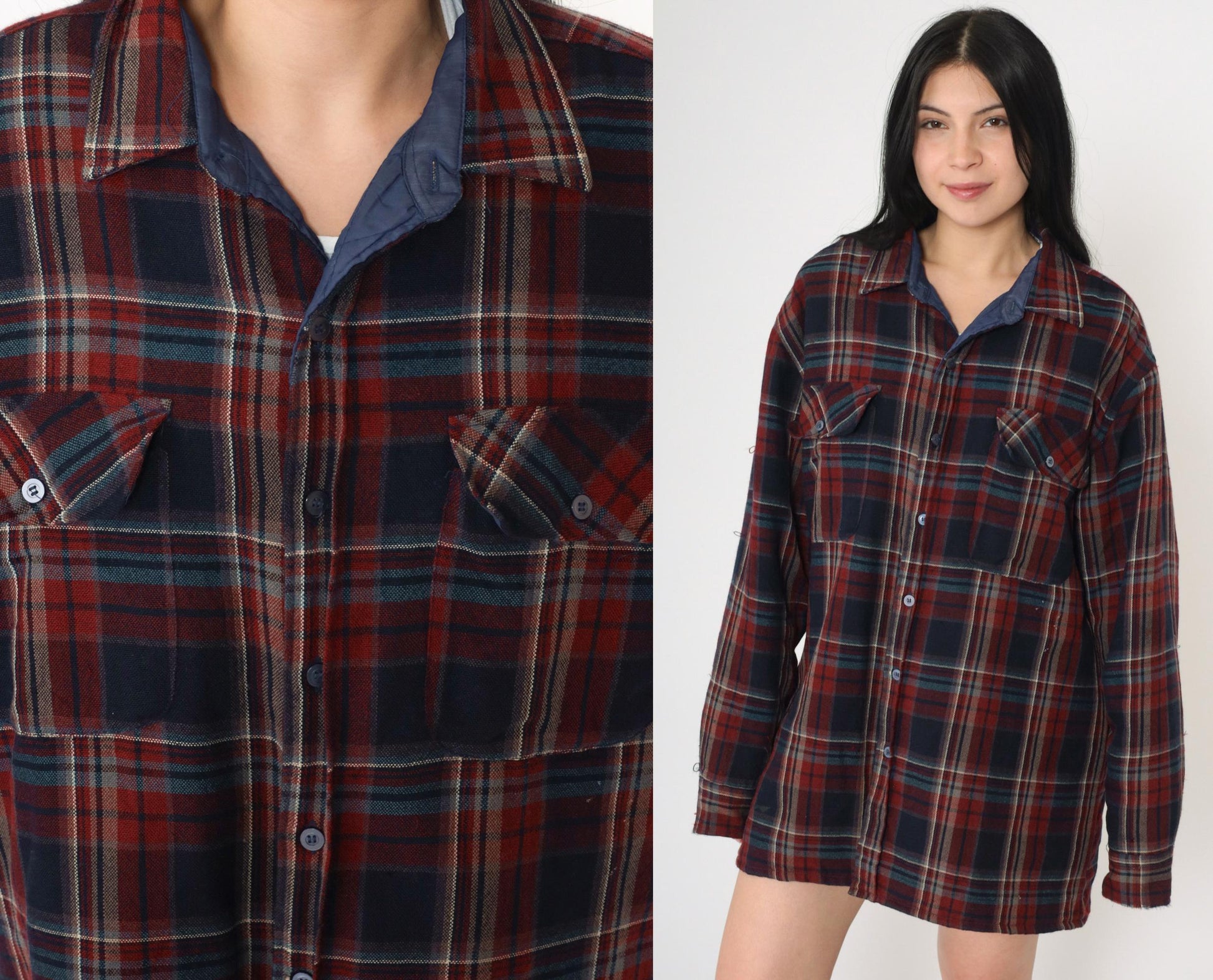 80s TimberTrail Wool Plaid Shirt Quilted Lining Red Navy Button Up Large L