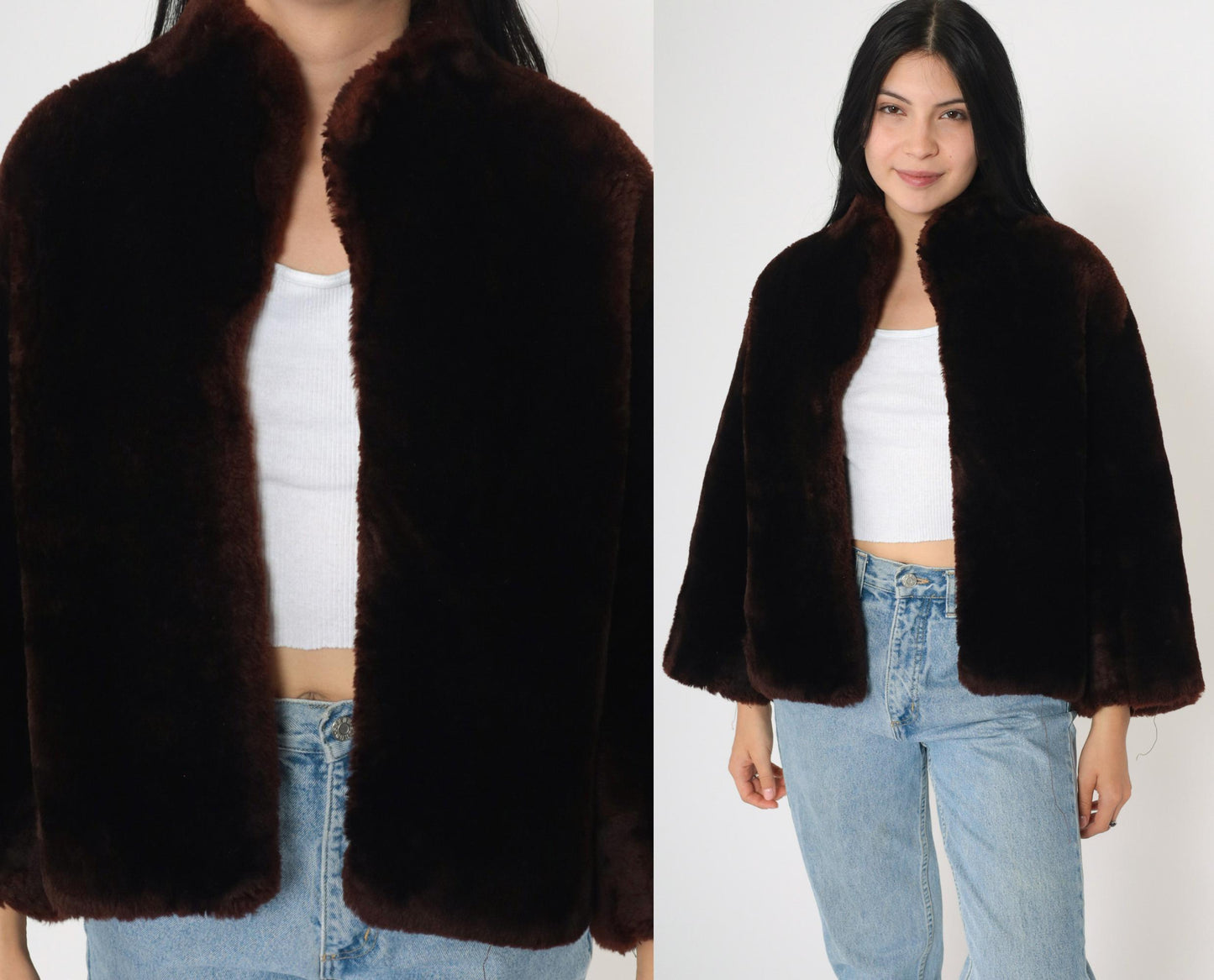 70s Brown Fur Jacket Cape Silhouette Bell Sleeve Open Front Small