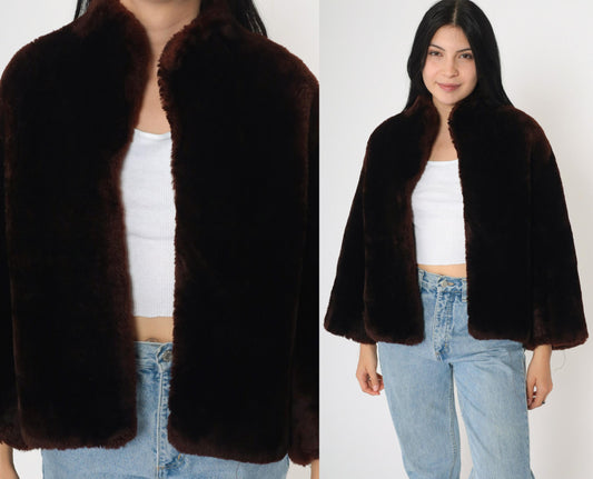 70s Brown Fur Jacket Cape Silhouette Bell Sleeve Open Front Small