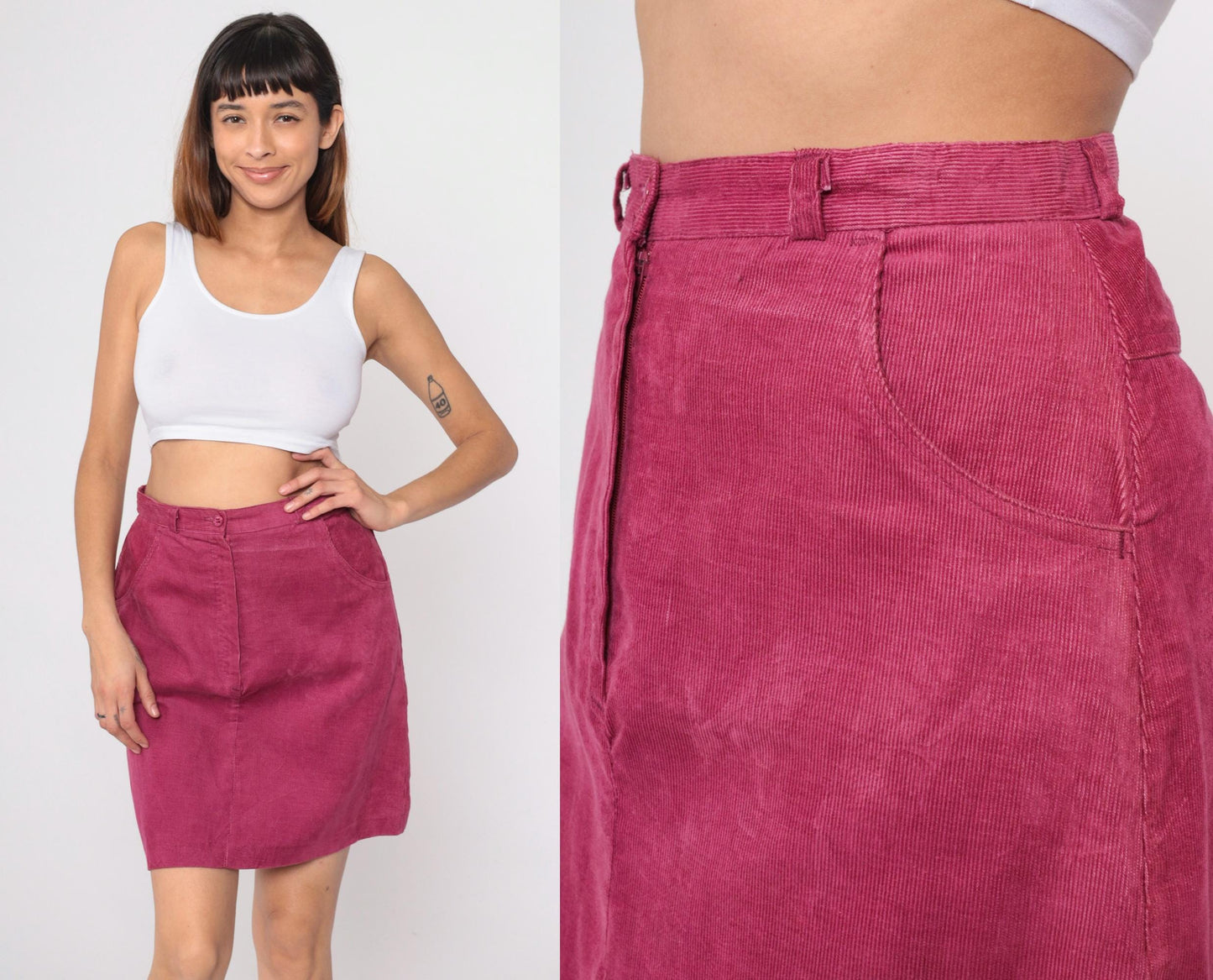 80s Corduroy Mini Skirt High Waist A-Line Pink Medium