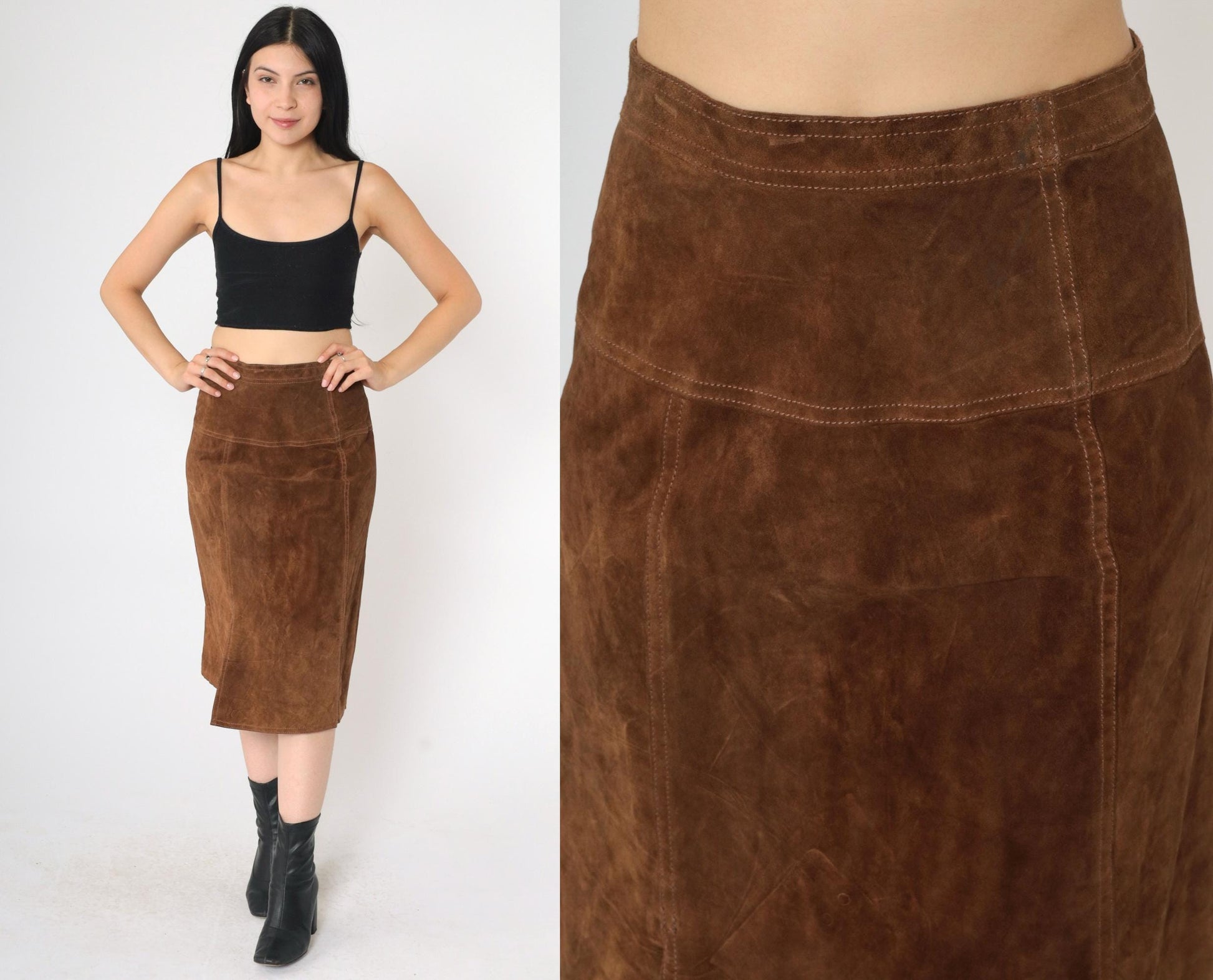 90s Brown Suede Midi Skirt High Waist Front Slit Small S