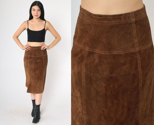 90s Brown Suede Midi Skirt High Waist Front Slit Small S