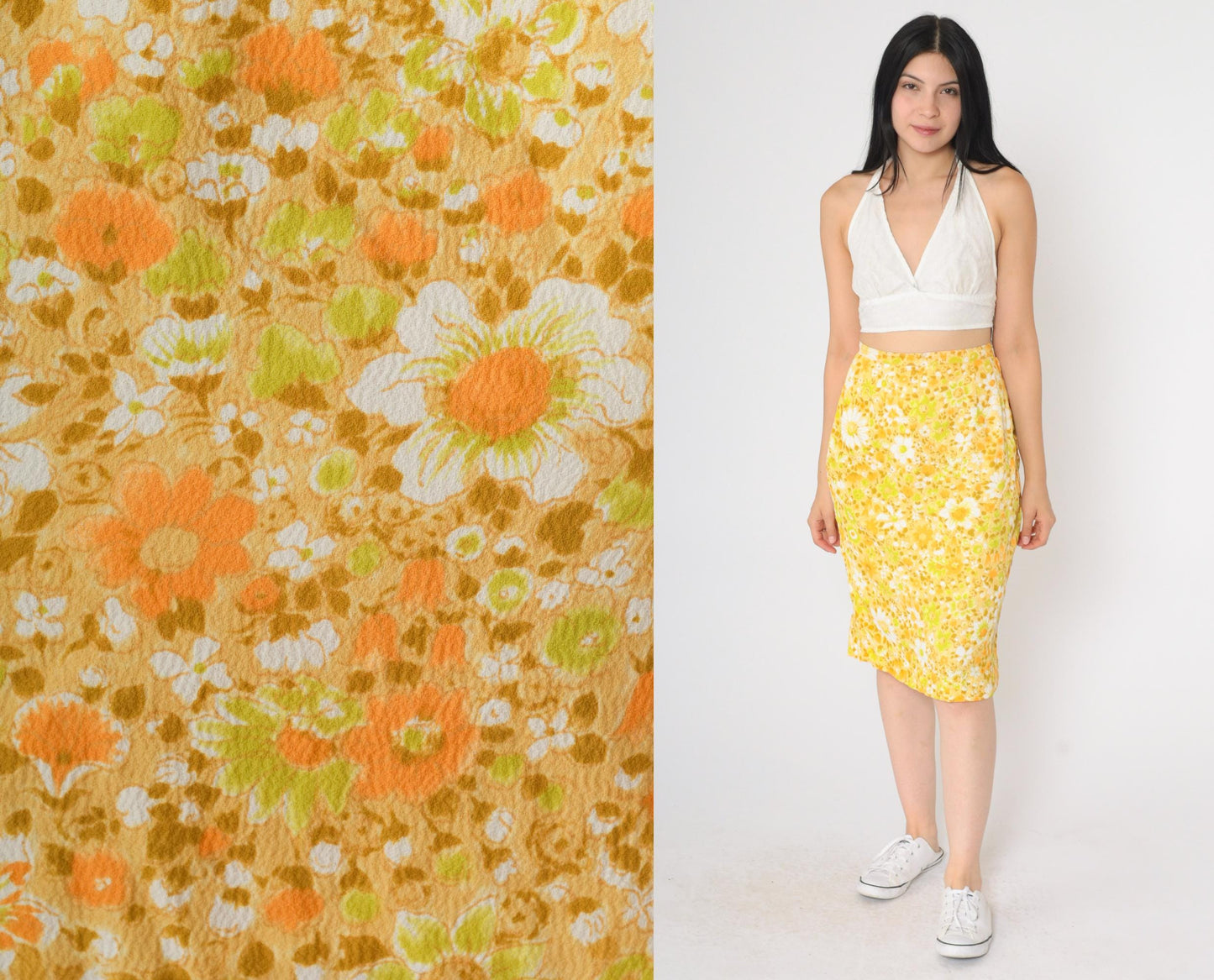 60s Yellow Orange Floral Pencil Midi Skirt High Waist Small