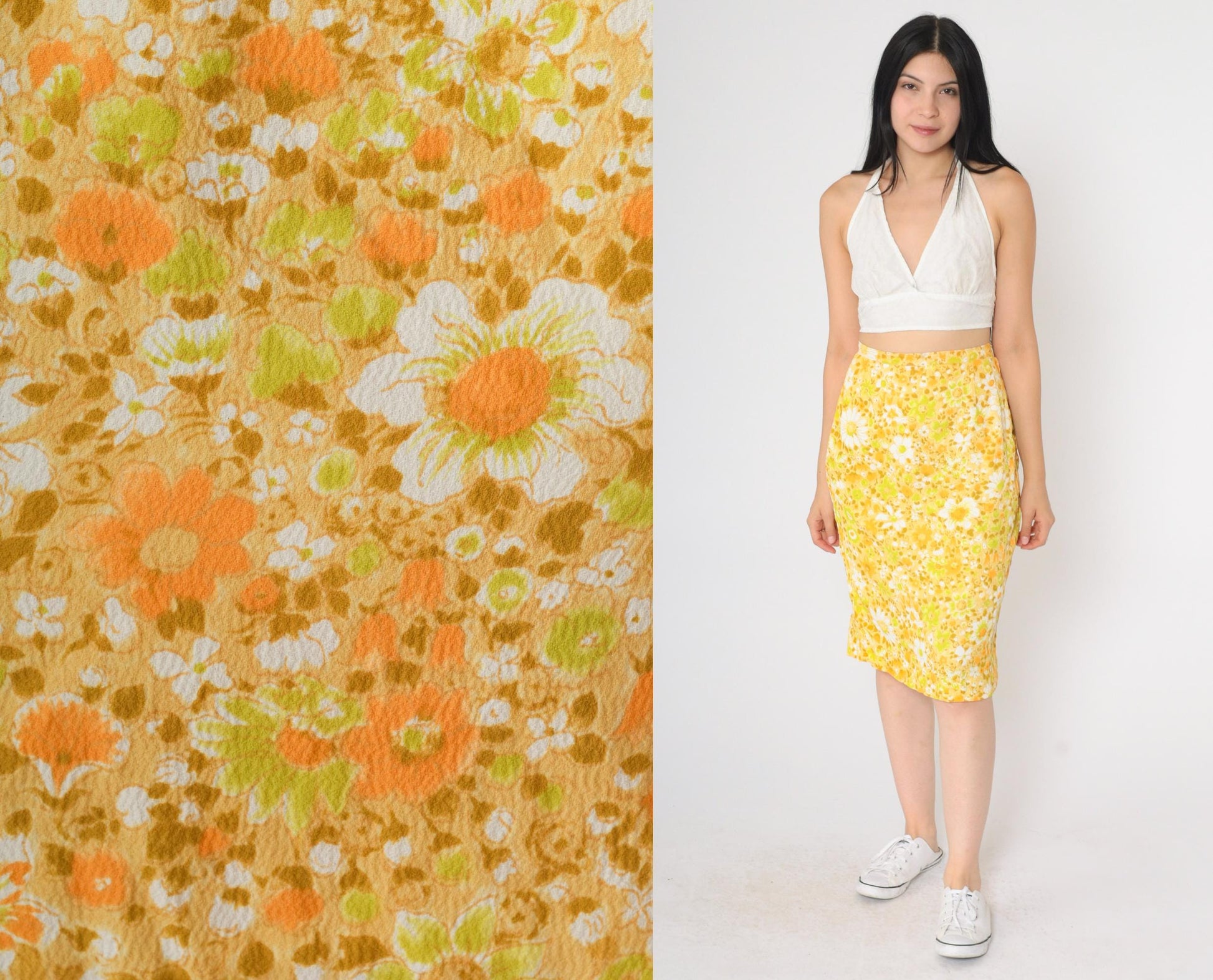 60s Yellow Orange Floral Pencil Midi Skirt High Waist Small