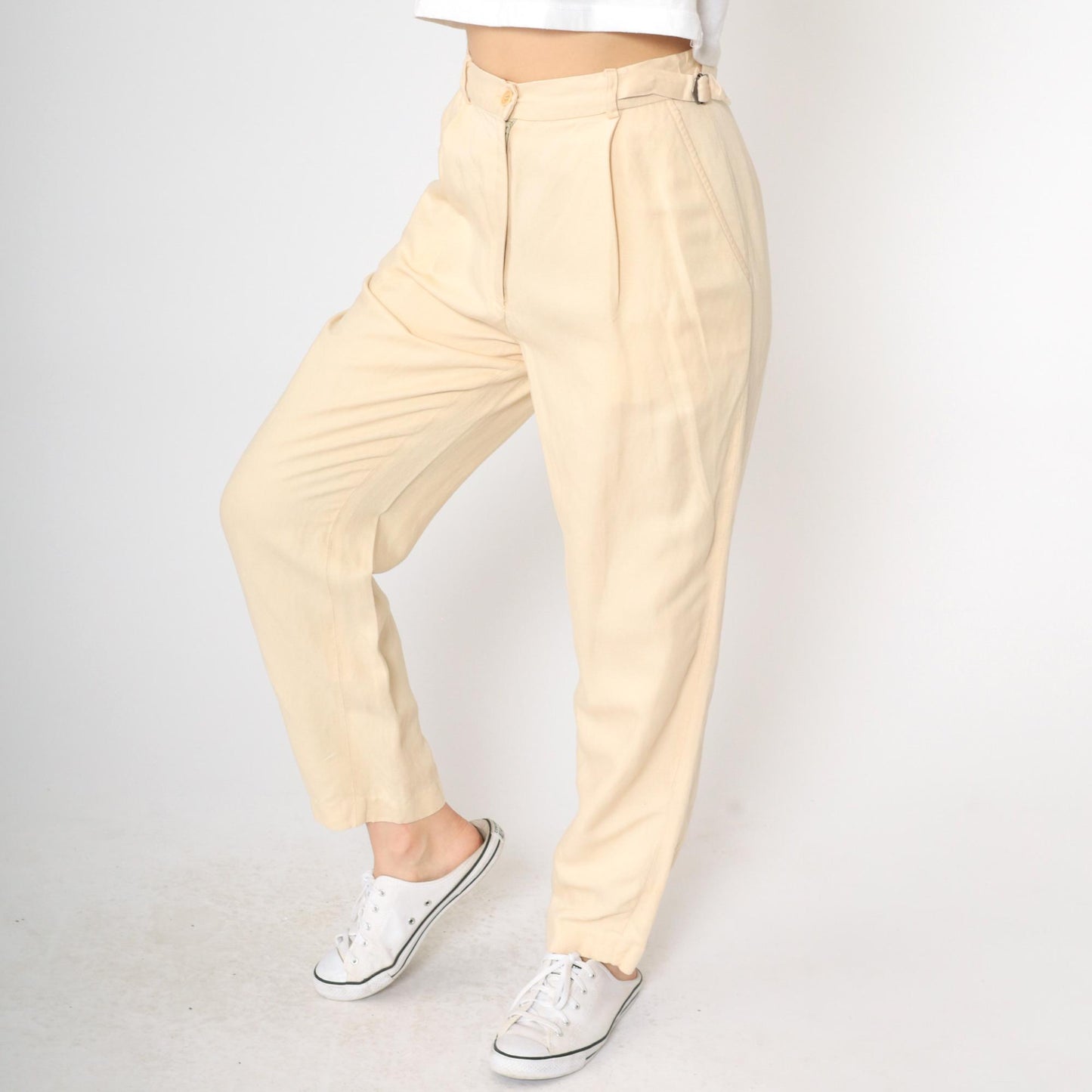 90s Calvin Klein Light Yellow Viscose Linen Pleated High-Waist Tapered Trousers Small 6