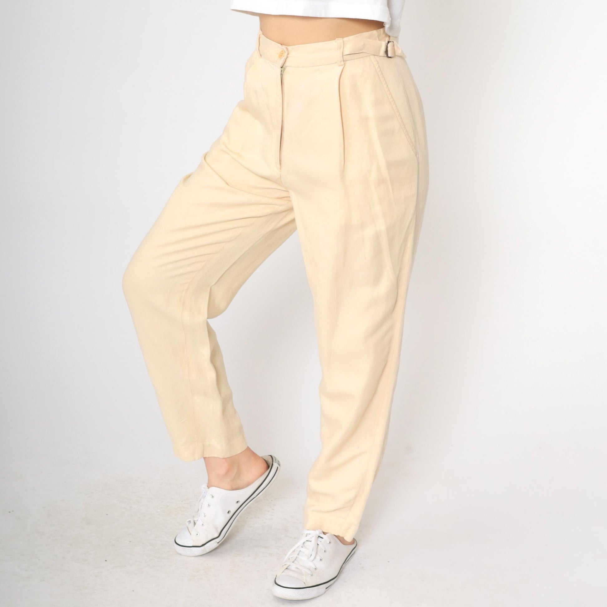 90s Calvin Klein Light Yellow Viscose Linen Pleated High-Waist Tapered Trousers Small 6