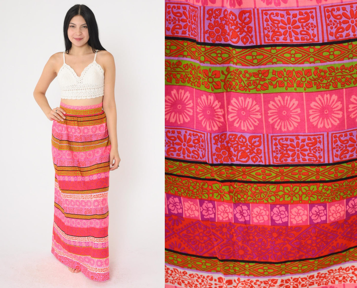 70s Floral Striped Maxi Skirt High Waist Hot Pink Olive Purple Small S