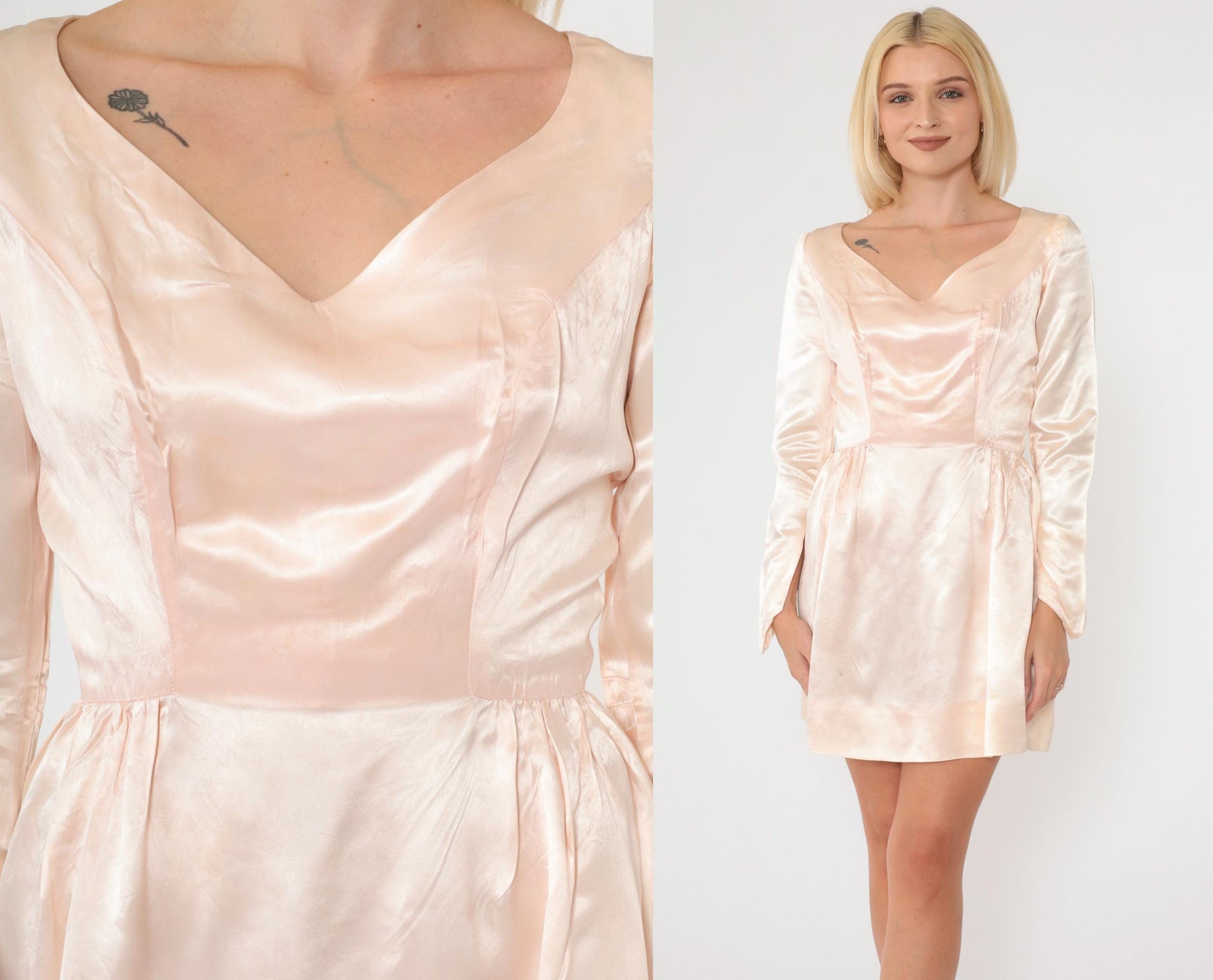 60s Baby Pink Silk Jacquard Floral Mini Dress Long Sleeve V Neck Extra Small