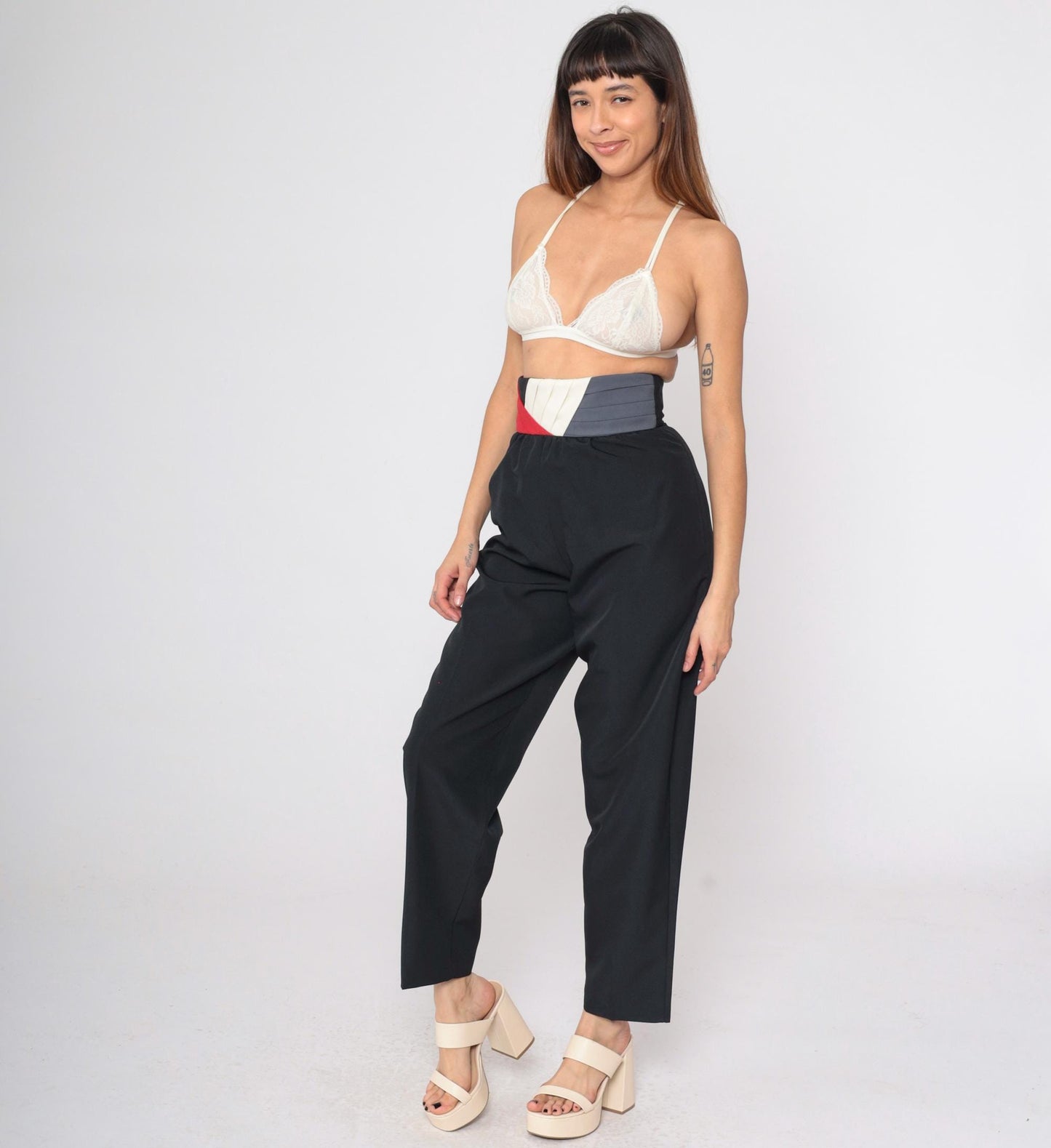 80s Black Tapered Trousers High Waist Colour Block Waistband Size 9