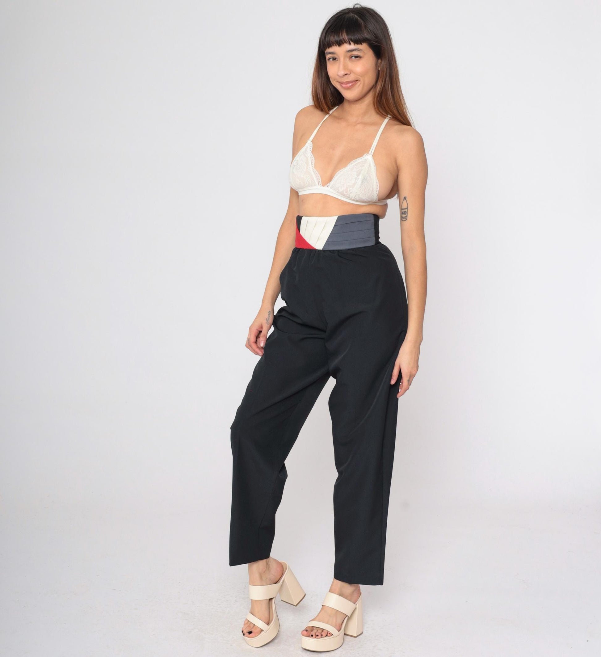 80s Black Tapered Trousers High Waist Colour Block Waistband Size 9