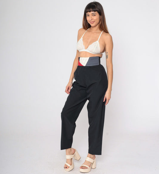 80s Black Tapered Trousers High Waist Colour Block Waistband Size 9