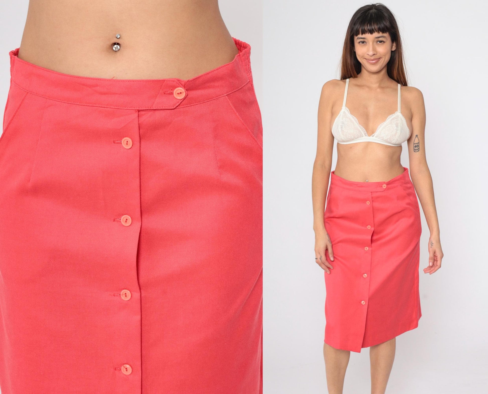 70s Sears Button-Front Midi Skirt Coral Pink High Waist Medium