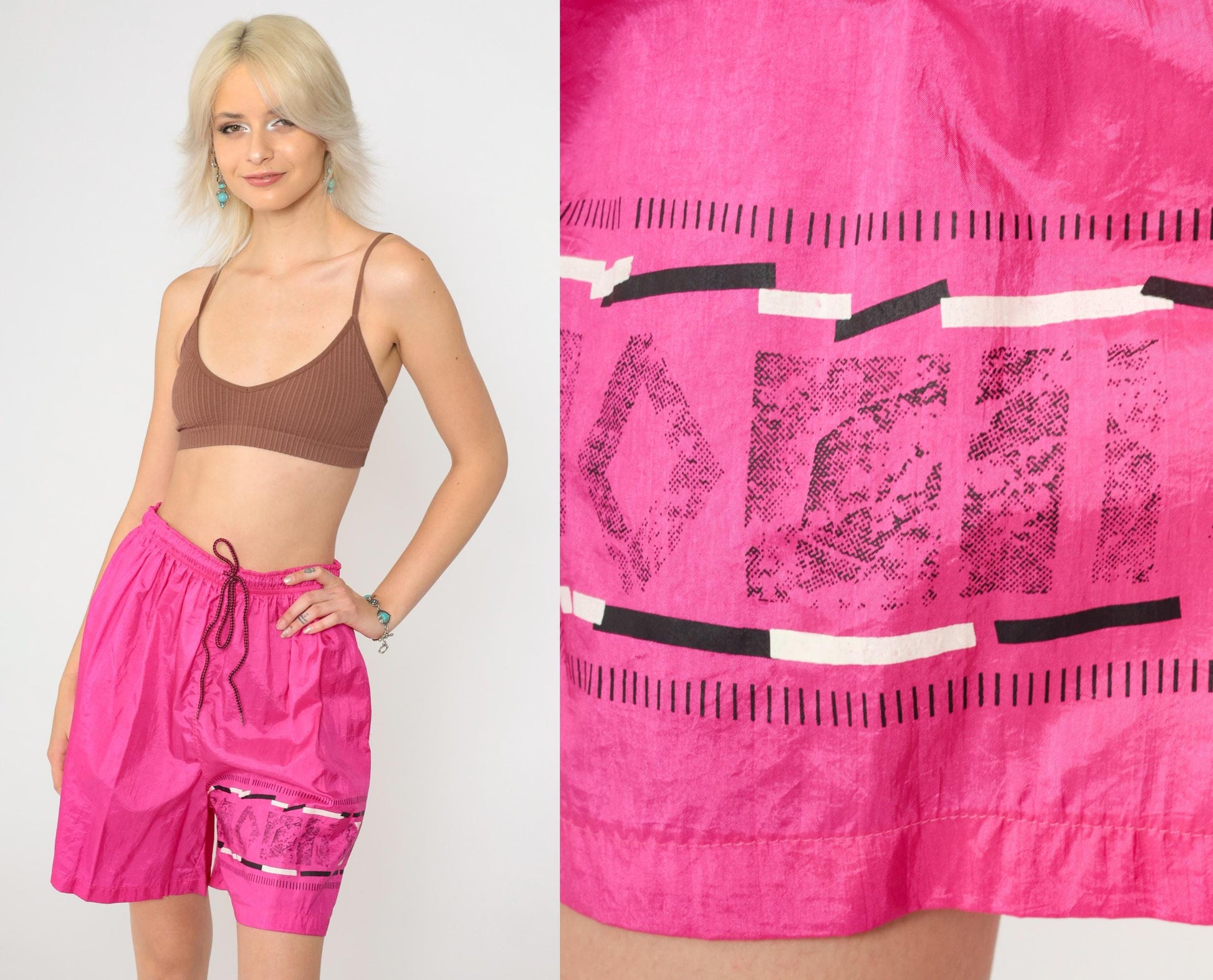 90s Hot Pink Nylon Athletic Shorts Drawstring Unlined Medium M