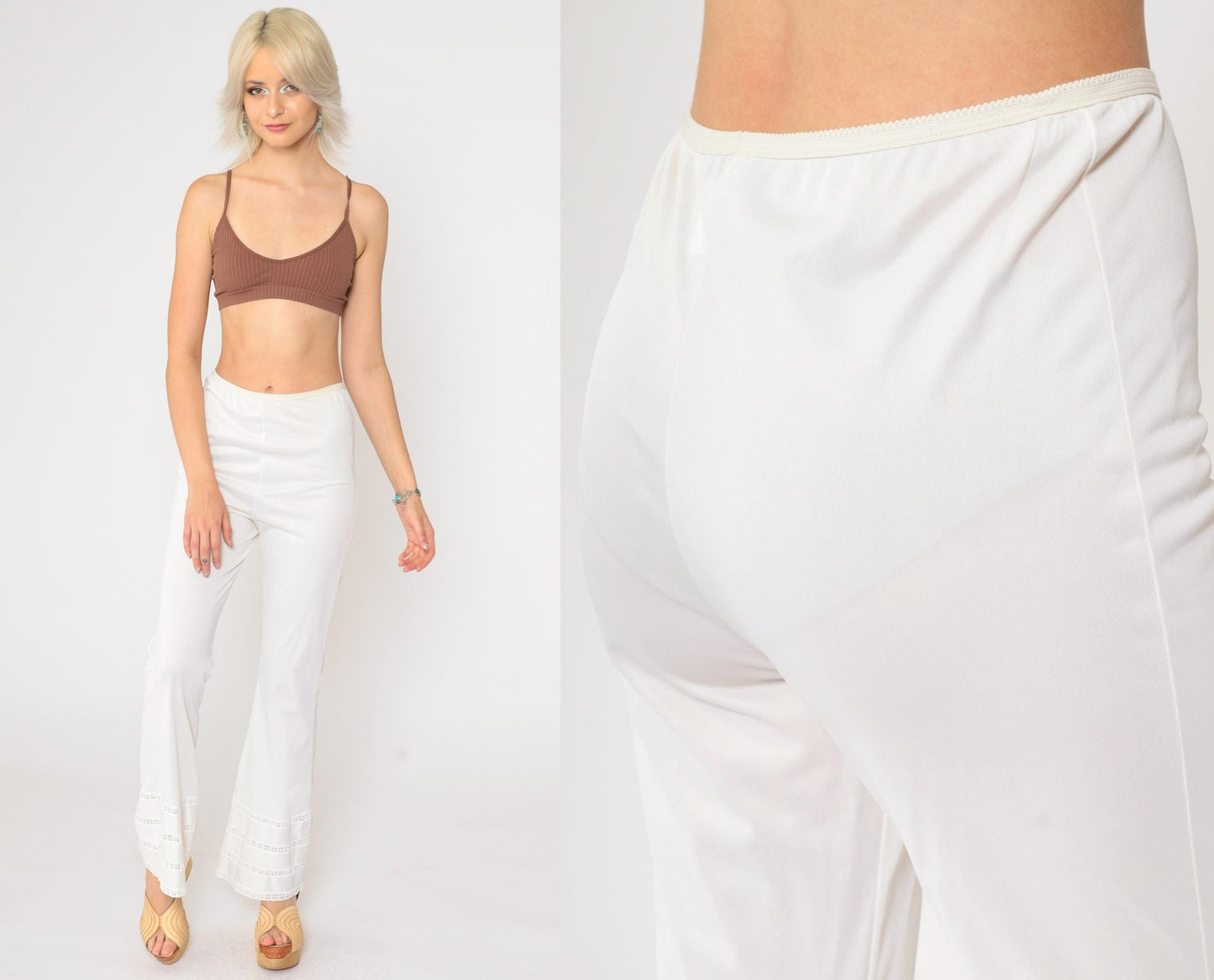 70s Gossara Artemis White Nylon Flared Lounge Pants Lace Trim Small