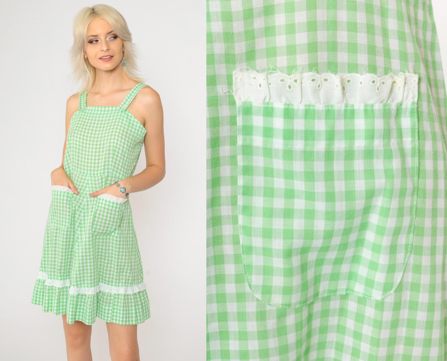 70s Green Gingham Prairie Sundress Eyelet Lace Trim Mini Small