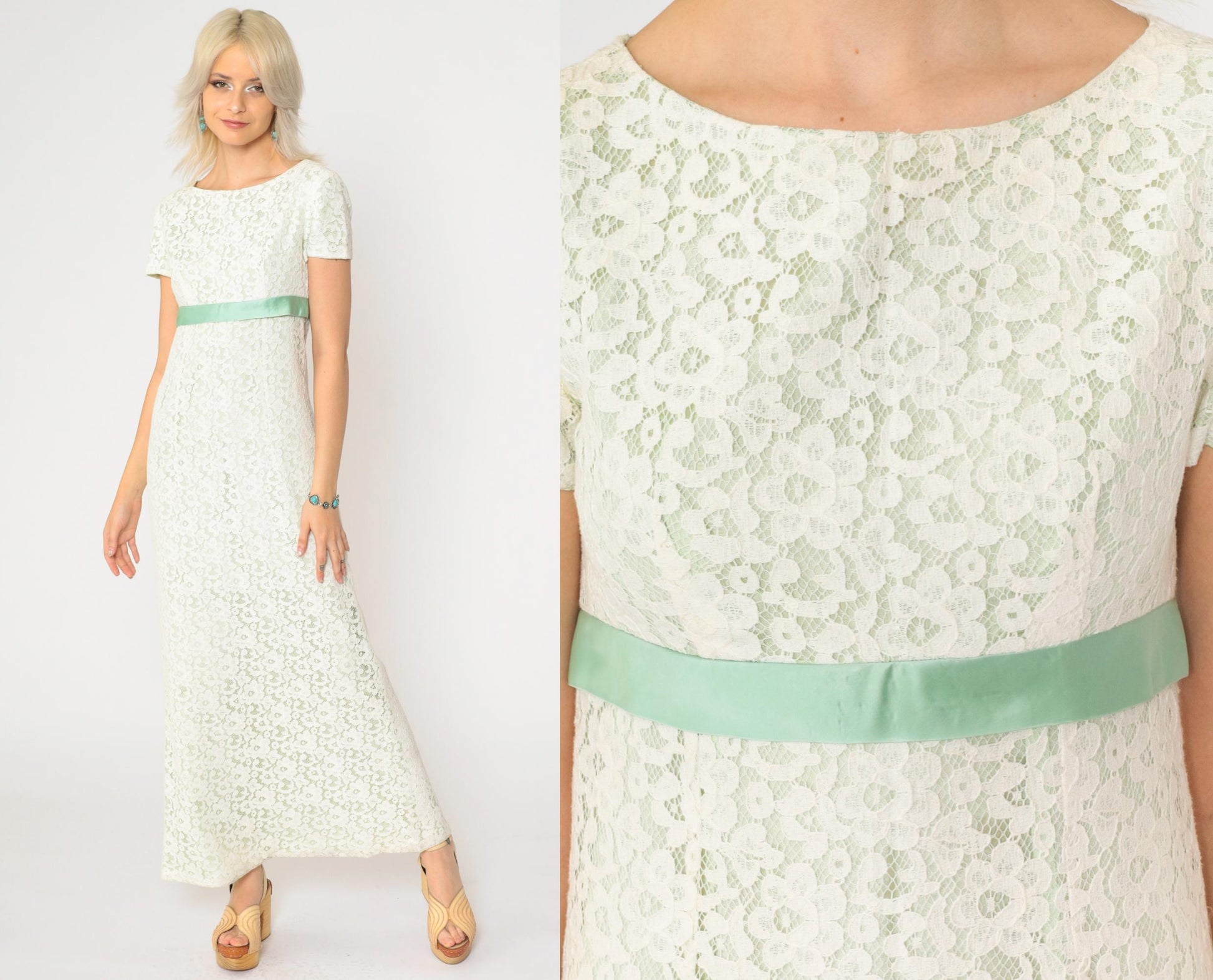 60s White Lace Maxi Dress Empire Waist Green Ribbon Short Sleeve Extra Small XS