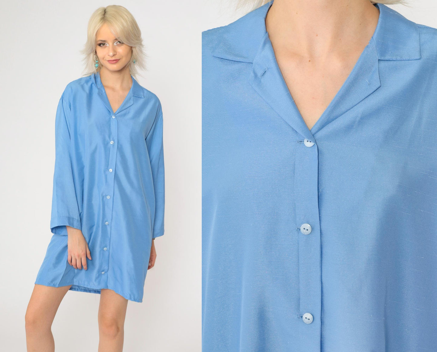 80s Blue Button-Up Shift Dress Wide Sleeves Belted Shirtdress Medium Large