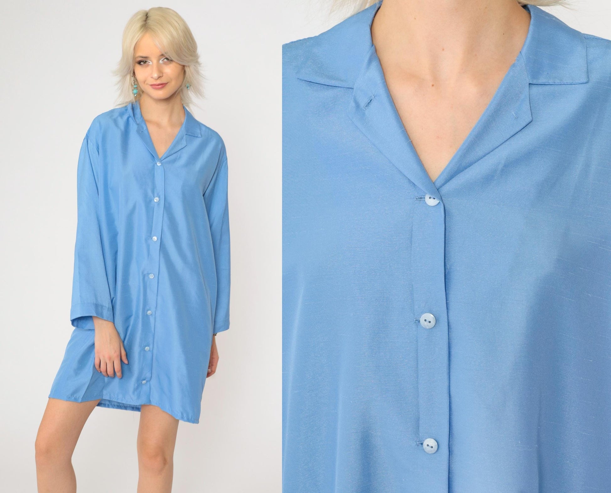 80s Blue Button-Up Shift Dress Wide Sleeves Belted Shirtdress Medium Large
