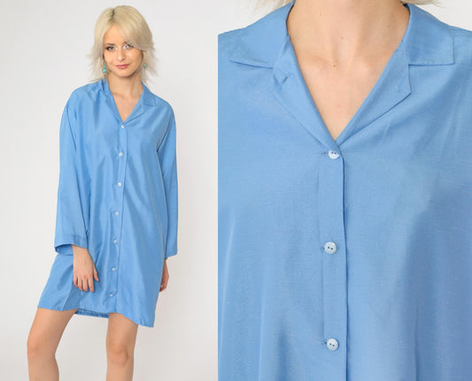 80s Blue Button-Up Shift Dress Wide Sleeves Belted Shirtdress Medium Large