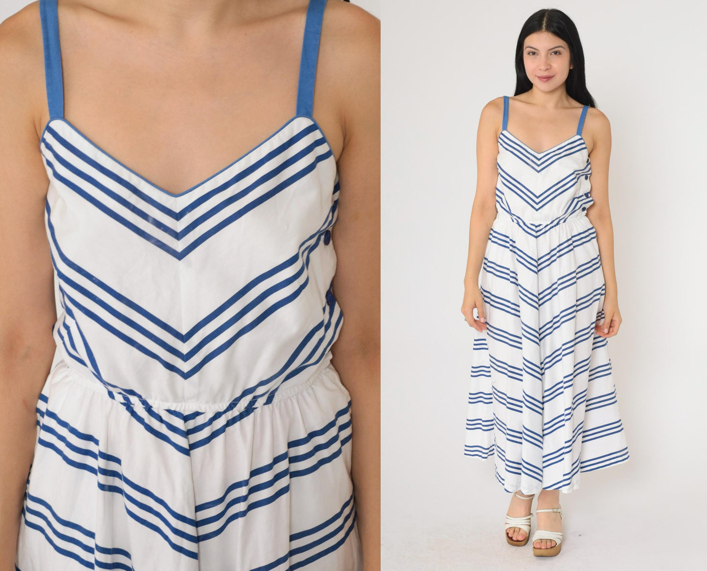 70s Lanz Originals Chevron Midi Sundress Blue White High Waist Small