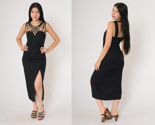 90s Zum Zum Black Beaded Cage Neckline Midi Dress Extra Small XS