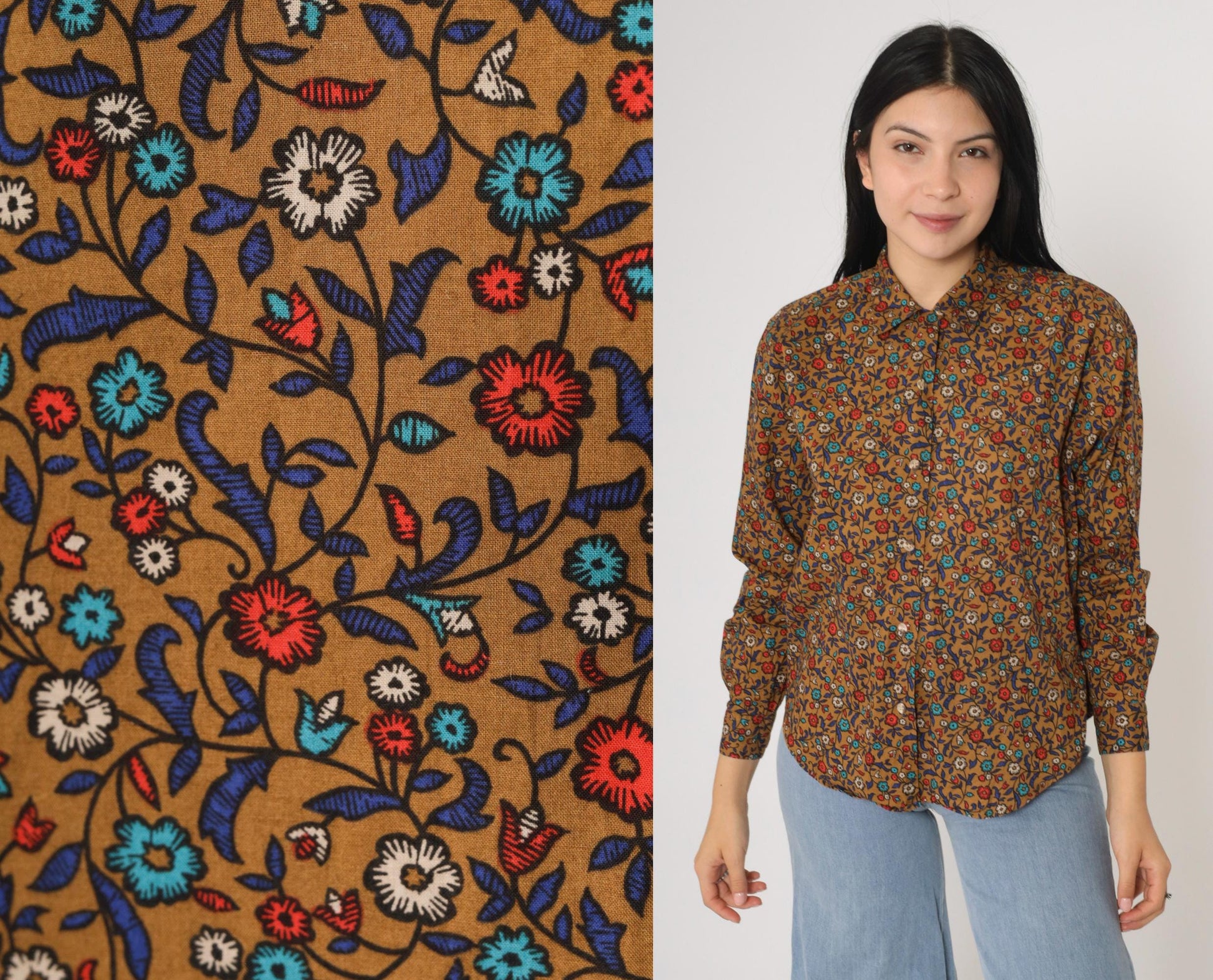 Y2K Levi's Dockers Floral Button-Up Blouse Brown Cotton Long Sleeve Small