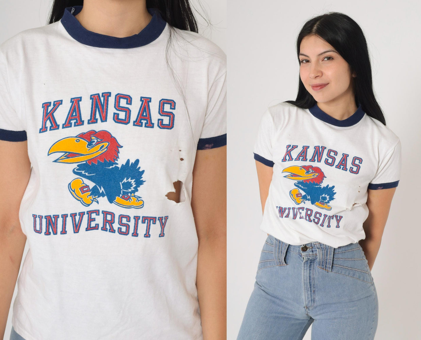 80s University of Kansas Jayhawks Ringer Tee White Graphic Athletic Shirt Small