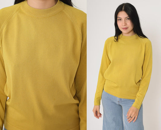 70s Chartreuse Nylon Knit Pullover Crewneck Raglan Sweater Medium