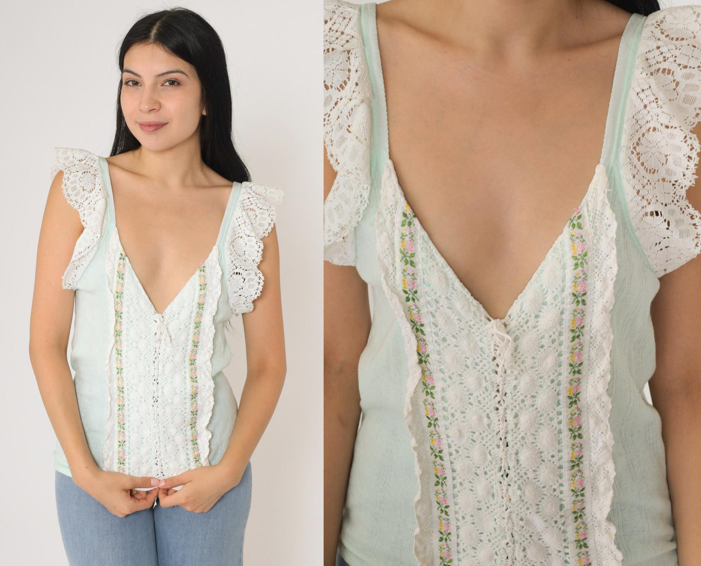 70s Mint Green Crochet Lace Tank Top V-Neck Lace-Up Sleeveless Blouse Medium