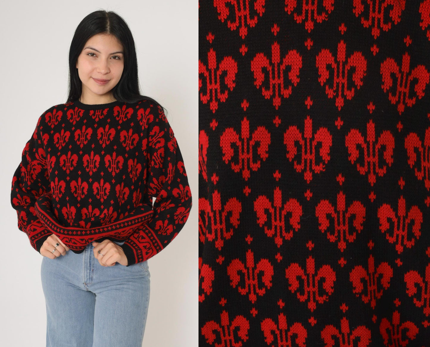 90s Fleur De Lis Geometric Knit Sweater Red Black Pullover Medium