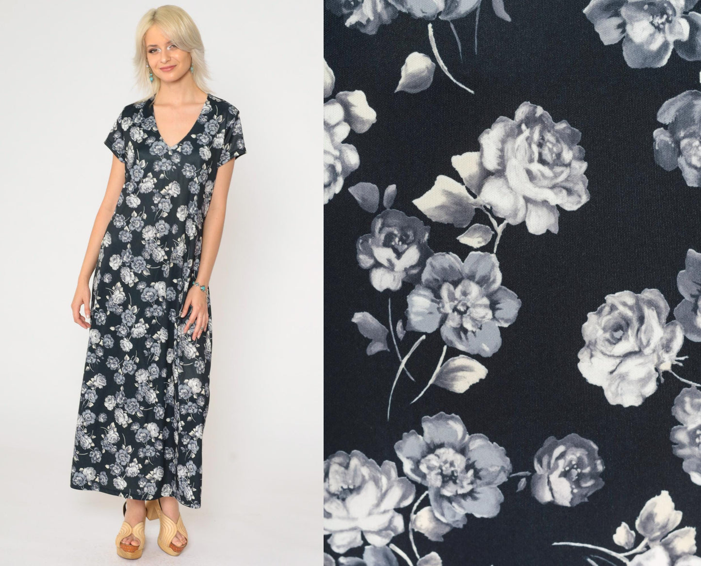 90s No Boundaries Black Floral Maxi Dress Rose Print V-Neck Short Sleeve Large L