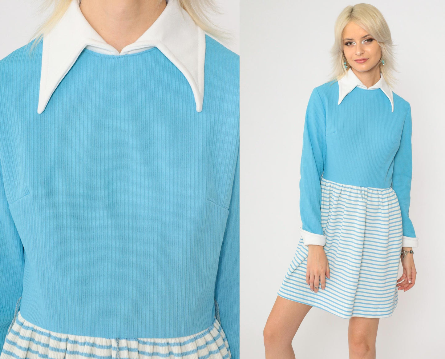 70s Vicky Vaughn Mini Dress Blue Striped Contrast Collar Long Sleeve Small