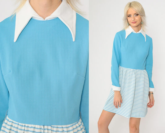 70s Vicky Vaughn Mini Dress Blue Striped Contrast Collar Long Sleeve Small