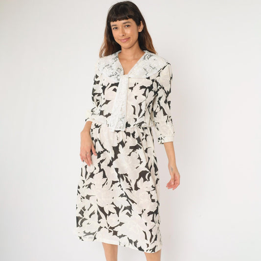 80s Black White Floral Midi Dress Lace Collar Puff Sleeve Small Medium