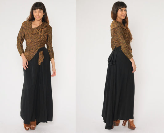 1940s Brocade Maxi Dress Floral Paisley Black Bow Back Long Sleeve Small