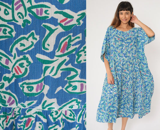 90s Fish Print Midi Dress Blue Abstract Cotton High Waist Half Sleeve Large L