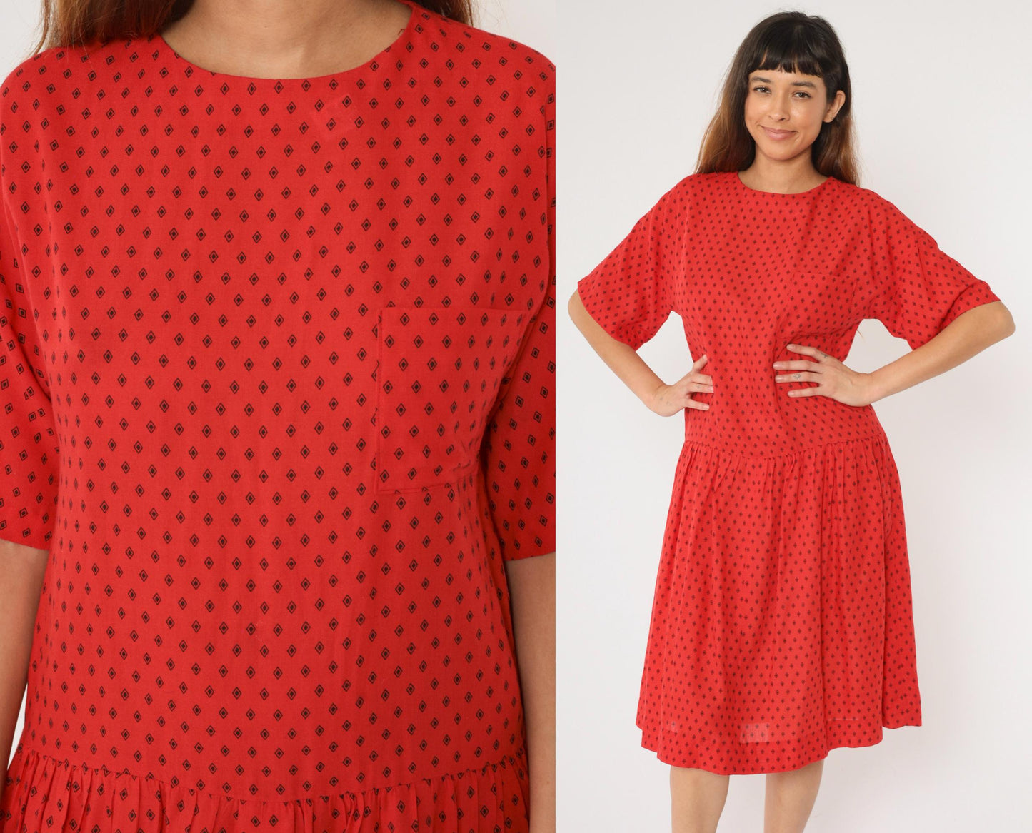 80s Geometric Diamond Print Midi Dress Red Drop Waist Short Sleeve Medium Large