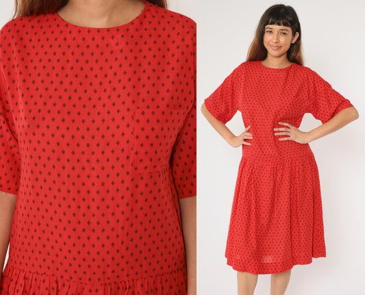 80s Geometric Diamond Print Midi Dress Red Drop Waist Short Sleeve Medium Large