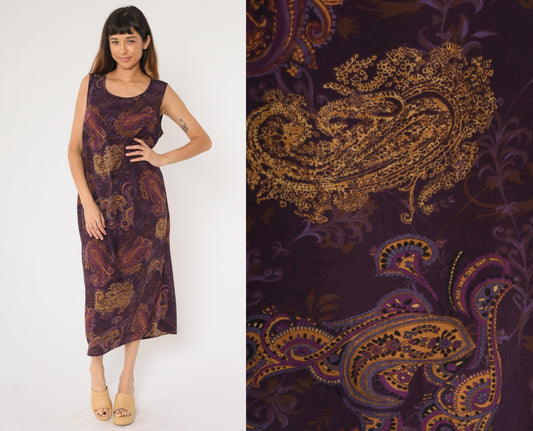 90s Purple Paisley Maxi Dress Sleeveless Scoop Neck Shift Large