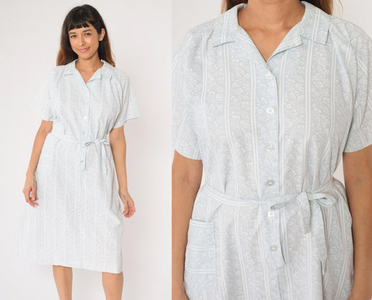 70s American Frock Baby Blue Floral Striped Midi Shirt Dress Large