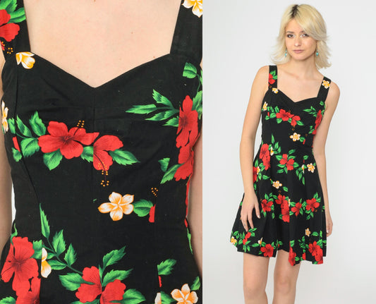 90s Hawaiian Floral Mini Dress Black Sweetheart Smocked Sundress Small S