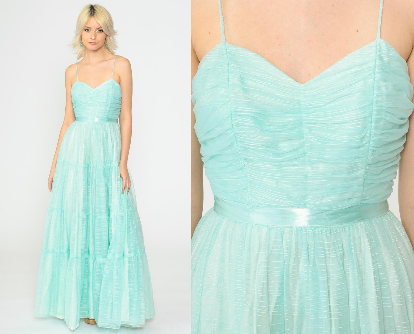 70s Aqua Maxi Dress Spaghetti Strap High Waist Floor Length Extra Small