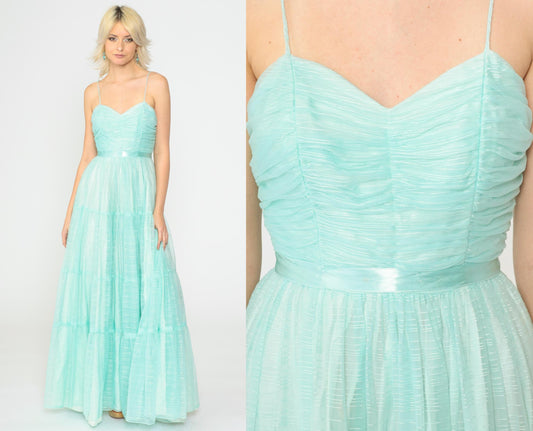 70s Aqua Maxi Dress Spaghetti Strap High Waist Floor Length Extra Small