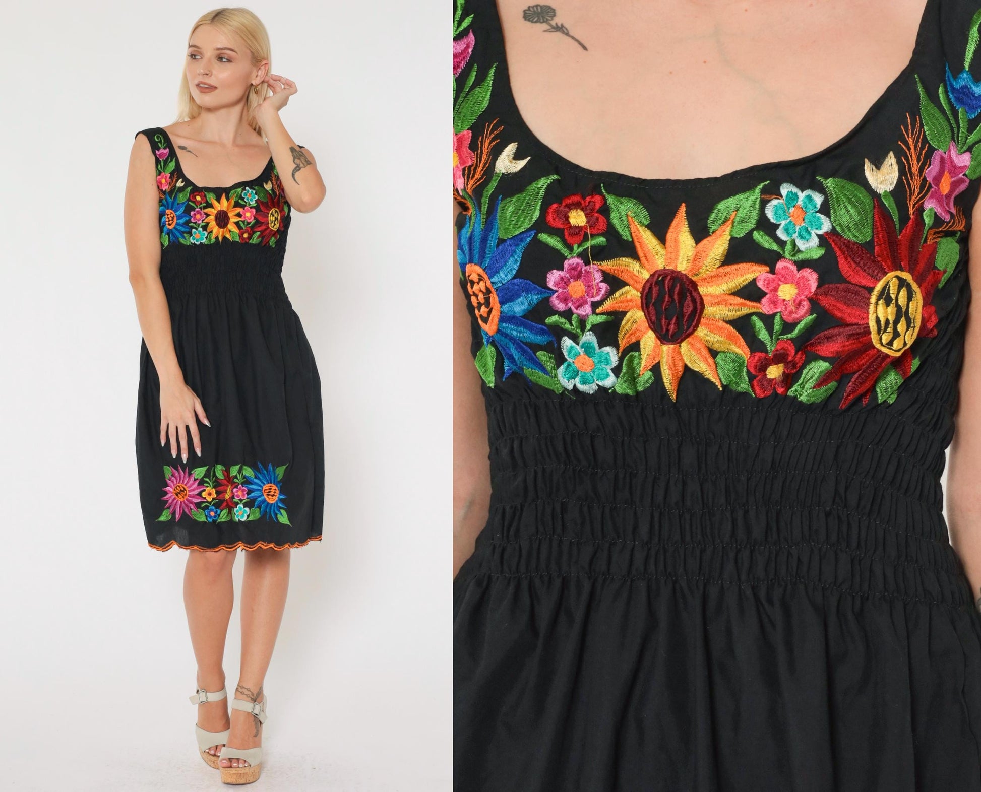 90s Black Floral Embroidered Smocked Mini Dress Sleeveless Small Medium