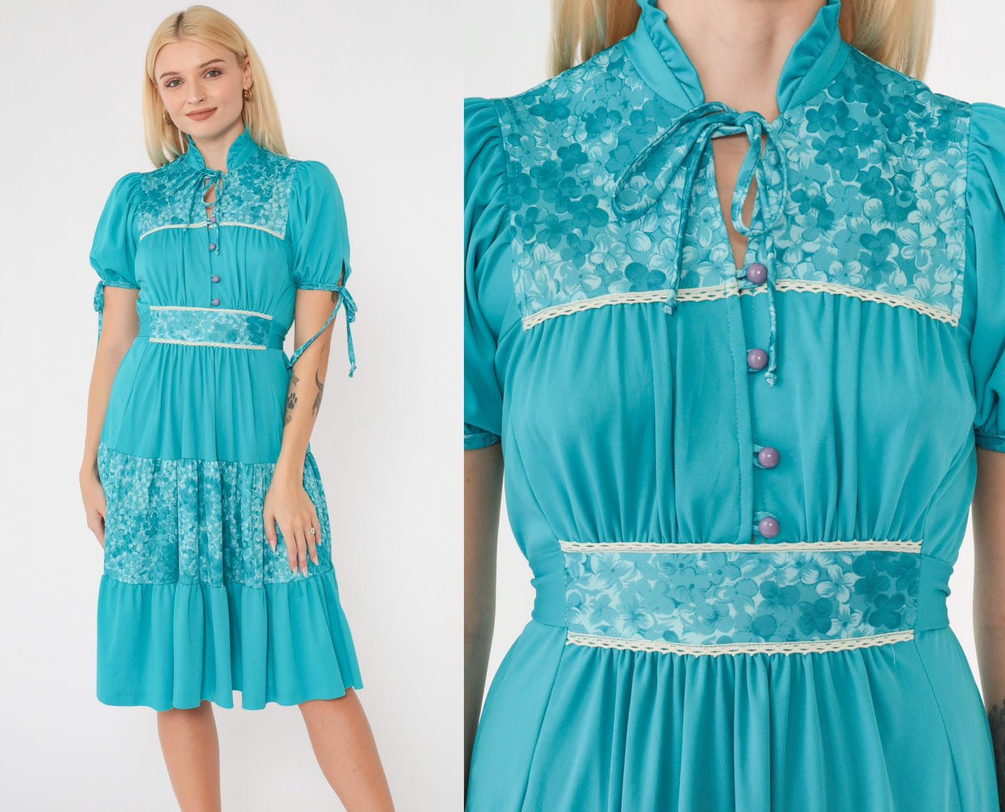 70s Turquoise Floral Puff Sleeve Midi Dress High Waist Tiered Small S